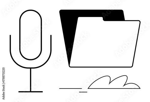 Microphone and folder outline convey digital audio recording, file storage, and data organization. Ideal for podcasts, audio archiving, content management, media storage, sound editing, digital