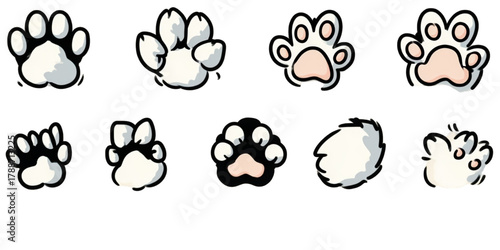 Set of cute cartoon animal paw prints and footprints illustration.