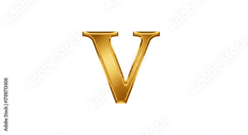 Cool Golden Alphabet: Premium Letter Set. A capital letter V crafted from lustrous gold, flat lay, 2D design, directly facing the viewer. Isolated on a pure white background.	