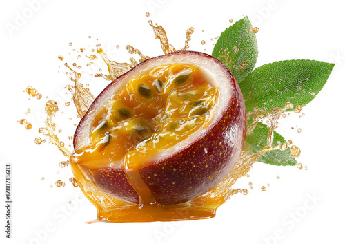 Passion fruit splash with juice and leaves isolated on a transparent background