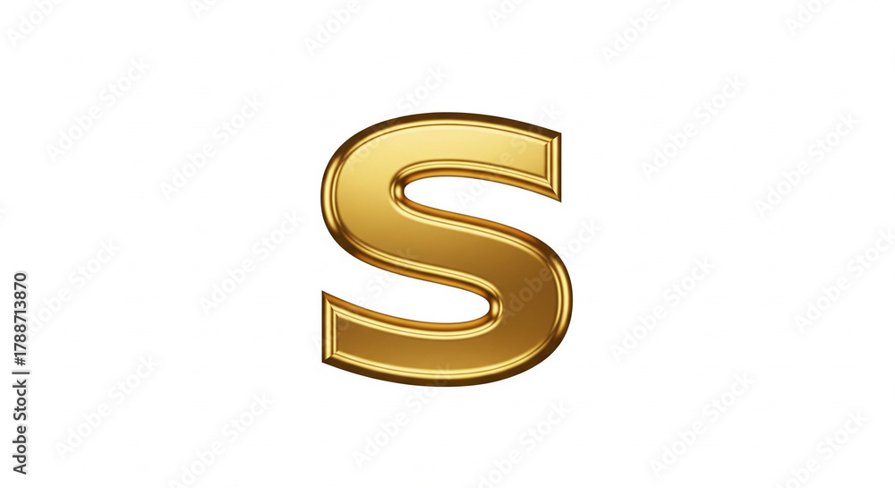 Obraz premium Cool Golden Alphabet: Premium capital letter S, crafted from lustrous gold, flat lay, 2D design, directly facing the viewer. Isolated on a pure white background. 