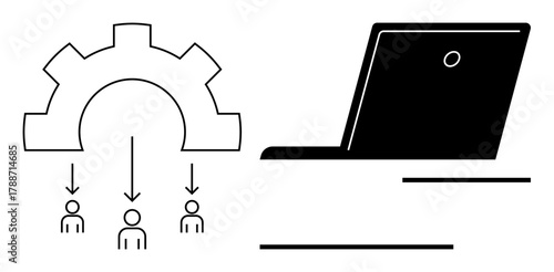 Gear icon with arrows targeting individuals, symbolizing workflow automation, next to a laptop representing digital collaboration. Ideal for teamwork, technology, productivity, innovation, business