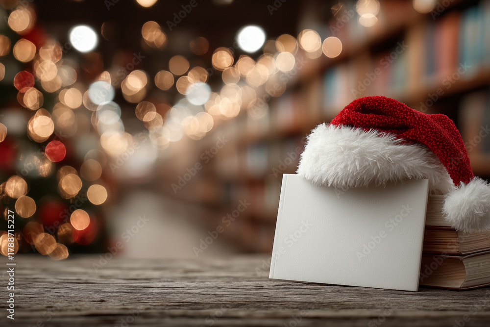 Fototapeta premium Celebrate the season with a festive Santa hat on a book in a cozy library setting perfect for holiday greetings and literary gifts