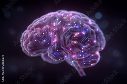 A visual representation illustrates a brain integrated with circuits and digital elements, highlighting innovation in neuroscience and the future of intelligence in technology