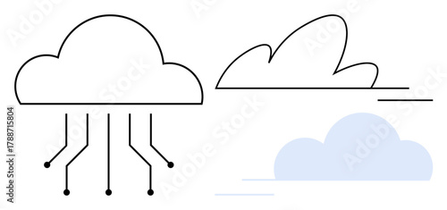Thin-line cloud with data nodes, minimal cloud communication, soft pastel cloud element. Ideal for technology, networking, data sharing, internet, innovation, cloud computing simple flat metaphor