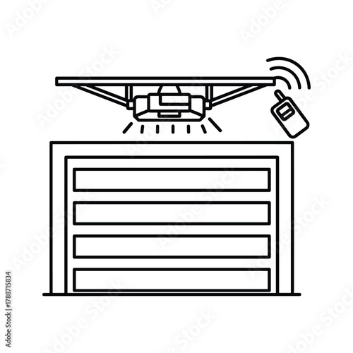 Automatic garage door opener with remote control and wifi signal, line art icon