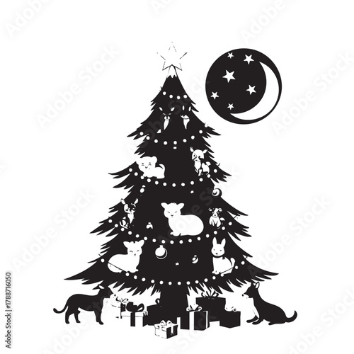 Black and white silhouette of a Christmas tree with animals and gifts under a crescent moon and stars