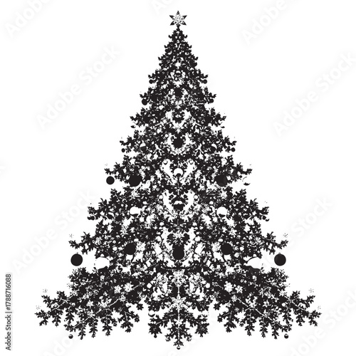 Black and white silhouette of a Christmas tree adorned with ornaments and a star topper vector