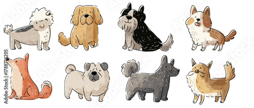 Collection of cute cartoon dog breeds illustration set on white background.