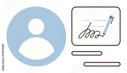 User profile next to a digital signature interface including a pen and signature lines. Ideal for authentication, agreement, identity, verification, technology, workflow, transaction. Simple flat