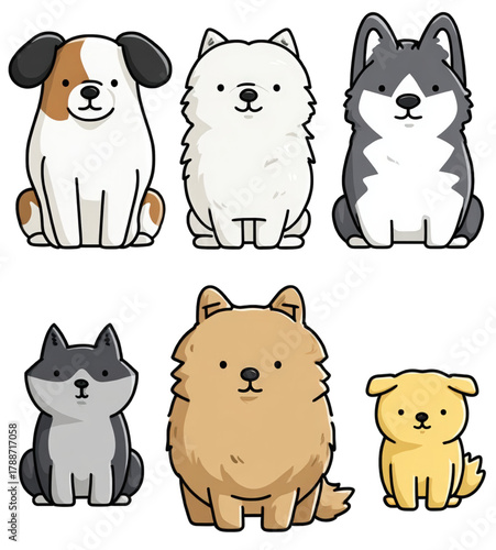 Set of six adorable and cute cartoon dog breed illustrations.