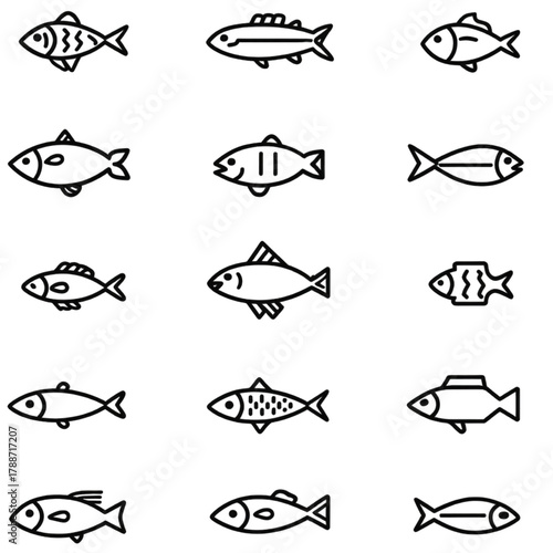 A diverse collection of simple fish icons in a clean line art style.