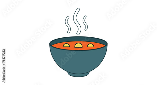 Hot soup in bowl with steam and yellow toppings flat illustration