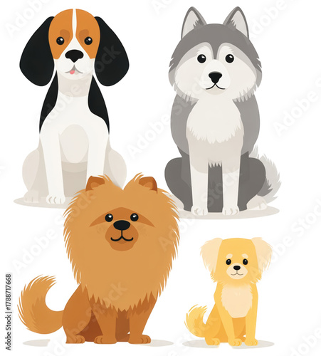 Collection of four cute cartoon dog breeds sitting together.