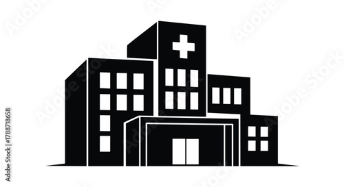 Medical hospital building icon with cross symbol, healthcare