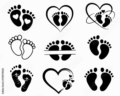 Baby Feet Heart Child Hearts Footprint set collection pack black icon silhouette vector flat illustration design on white background