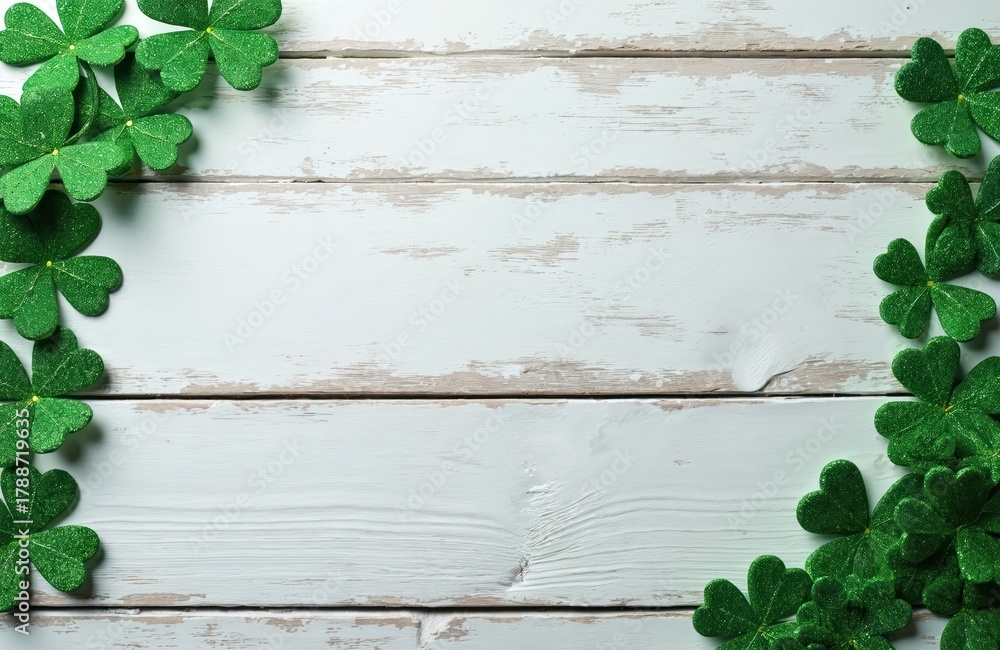 Obraz premium Glittery green shamrocks adorn rustic white wood background, forming inviting border. Festive clovers symbolize luck, prosperity for Saint Patricks Day celebration. Charming backdrop offers ideal