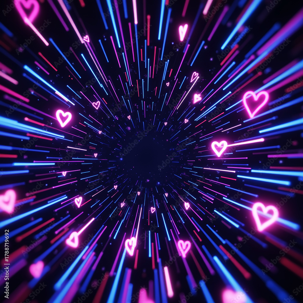 Fototapeta premium Neon Hearts Exploding with Speed Lines in Pink and Blue Radial Burst