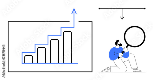 Bar chart with upward arrow representing growth, man with magnifying glass analyzing details. Ideal for business, analytics, performance, research, strategy, development data. Simple flat metaphor