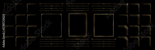Golden thin frame, linear border, divider set on black background. Elegant gold geometric radiance borders luxury art deco collection. Vector illustration