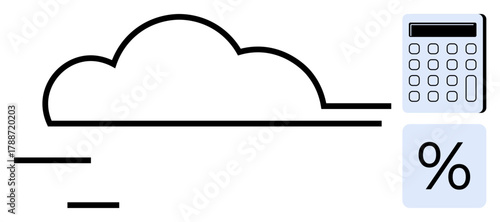 Cloud connected to calculator and percentage symbol conveys financial analysis, data storage, accounting. Ideal for digital finance, technology, analytics, cloud usage, calculations, efficiency