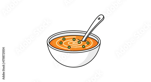 Simple cartoon illustration of a warm vegetable soup with a spoon.