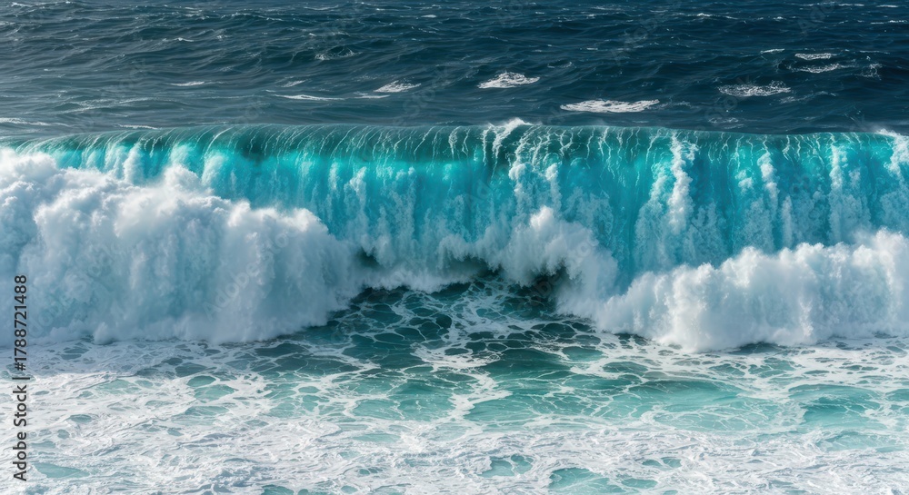 Fototapeta premium A massive, powerful wall of deep blue ocean water crests and breaks, showing the immense raw energy and beautiful foam textures of the sea, current, surf, outdoor