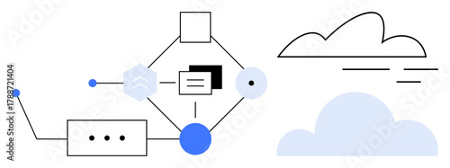 Abstract network diagram with connected nodes, digital components, and cloud graphics. Ideal for technology, data transfer, cloud computing, connectivity, innovation, system operation IT