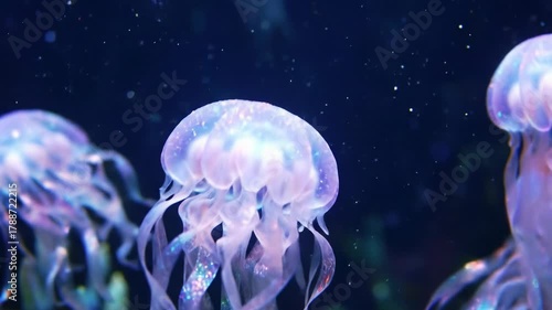 Mesmerizing bioluminescent, glitter-filled jellyfish-like creatures pulse and drift in an abyssal deep-dark blue underwater environment. Ethereal deep-sea mystery concept.