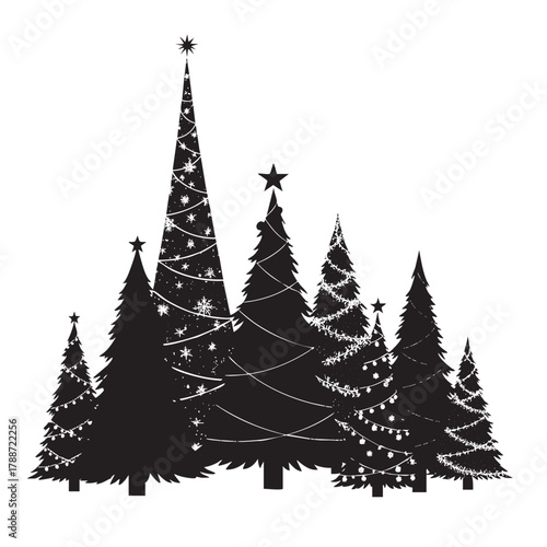 Black silhouette christmas trees decorated with stars and string lights on white background vector