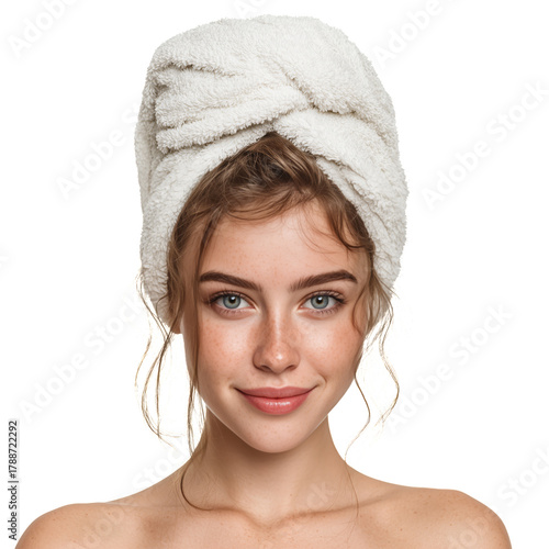 Young Woman With Towel on Head Smiling at Camera After a Refreshing Shower at Home