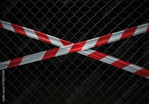 Red and white barrier tape crosses a metal chain link fence indicating no trespassing and denial of access to a sensitive area, warning, closure, absolute
