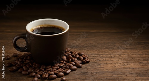 Rich, dark espresso shot in a small ceramic cup surrounded by fresh roasted coffee beans resting on a rustic wooden vintage surface ,espresso ,robust ,small