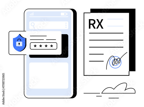 Mobile device displaying password authentication next to a signed prescription document. Ideal for healthcare, cybersecurity, online privacy, digital signatures, secure transactions, medical