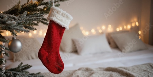 a christmas stocking hanging on a tree