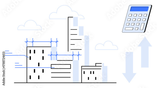 Architectural buildings under construction with a calculator and arrows depicting financial planning, growth, and calculations. Ideal for architecture, finance, construction, planning, strategy