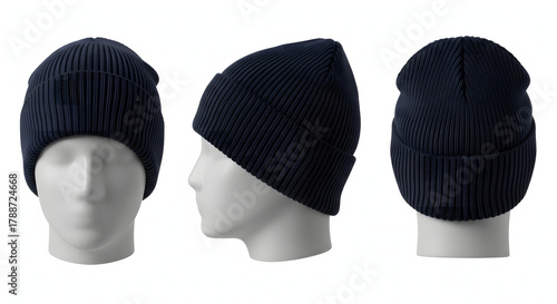 Black knit beanie hat displayed on a white mannequin head from multiple angles.