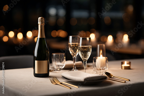 fine dining ambiance, extravagant dining table champagne, crystal glasses, golden cutlery, candlelit ambiance, warm hues