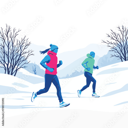 People jogging in winter landscape illustration with snow and mountains