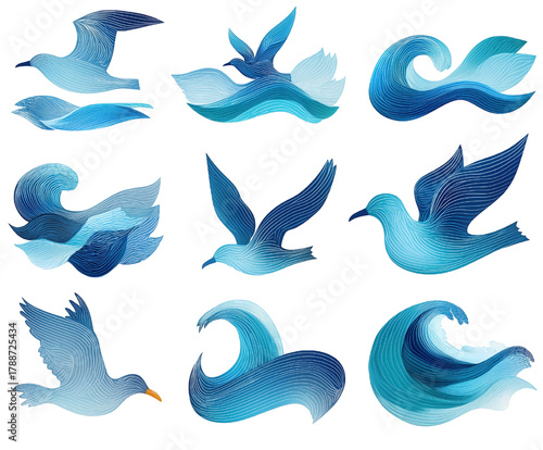 Set of stylized blue seagulls and ocean waves illustrations.
