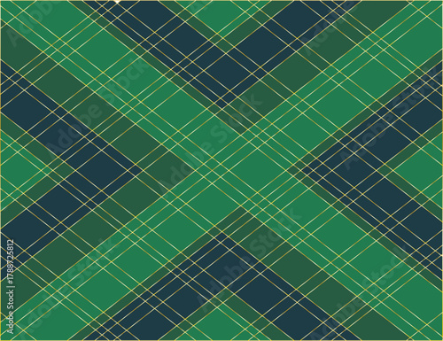 Patrón de cuadros escoceses en tonos verdes, azules y dorado.