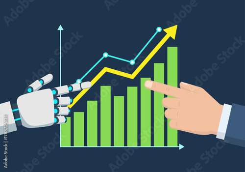 Colaboración entre mano humana e inteligencia artificial apuntando a un gráfico de crecimiento financiero.