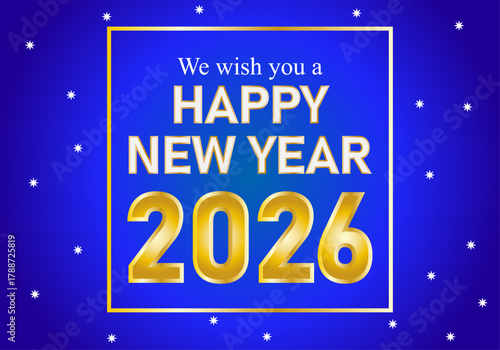Tarjeta de felicitación de año nuevo 2026 en color azul y dorado