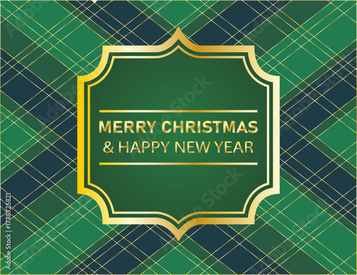 Tarjeta de felicitación de navidad y año nuevo con marco dorado sobre patrón de cuadros escoceses verde y azul.