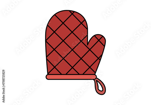 Ilustración de una manopla de horno roja con patrón de rombos.