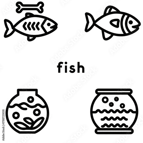 A collection of four simple line icons representing fish and fishbowls.