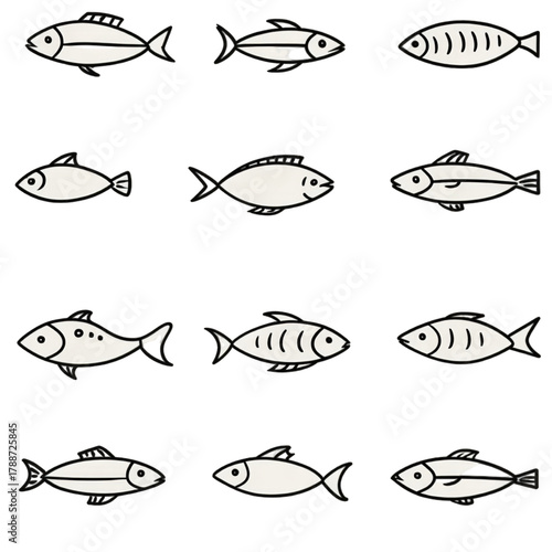A collection of twelve simple hand drawn fish illustrations.