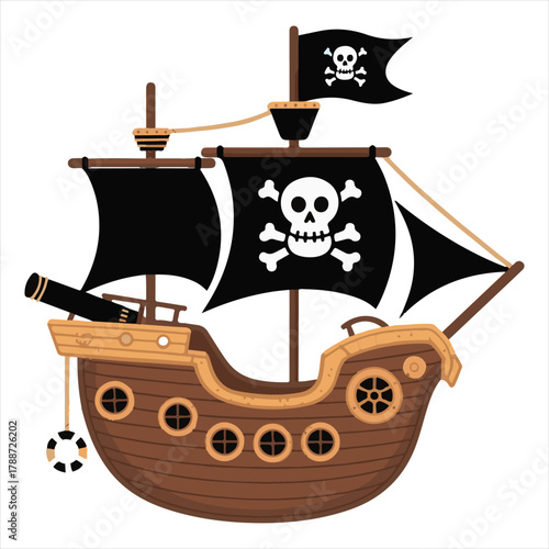 Pirate Ship Clip art with Skull Sails and Cannon for Adventure and Nautical Designs