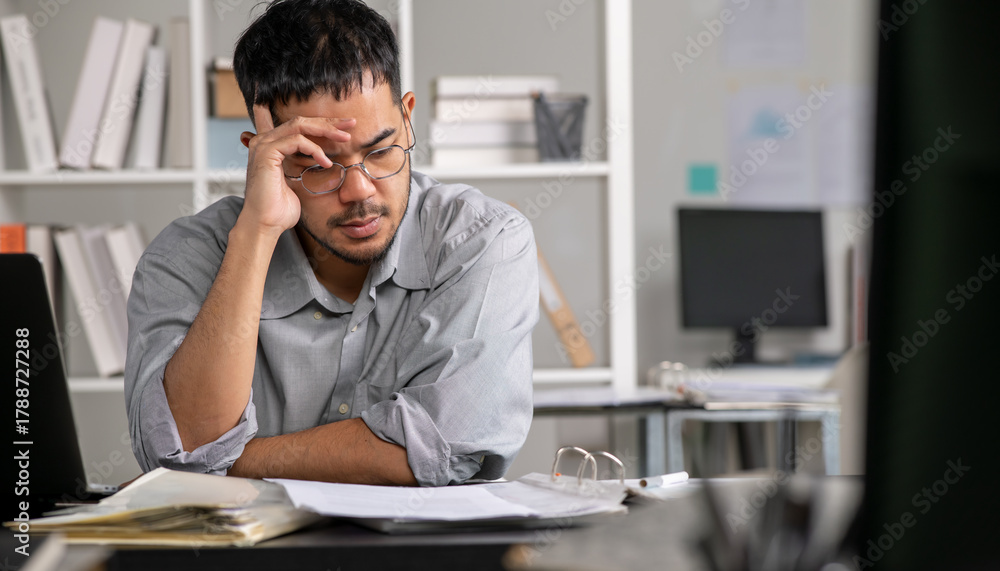 Obraz premium Businessman looking stressed from work, Businessman working at office feels overworked and burnout