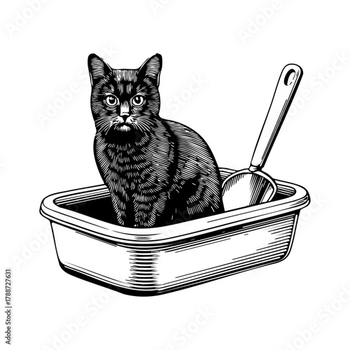 Cat sitting in a litter box with scoop nearby, symbolizing pet care, hygiene, and cat ownership.